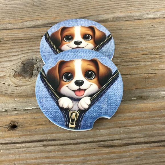 Dog Peek-a-Boo Zipper Car Coasters Set of 2 - Picture 1 of 7